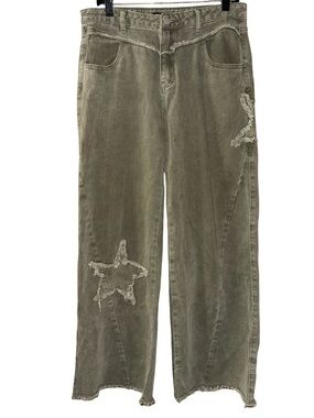 Hot Topic Olive Green Distressed Star Wide Leg Pants Jeans sz Large 11/13